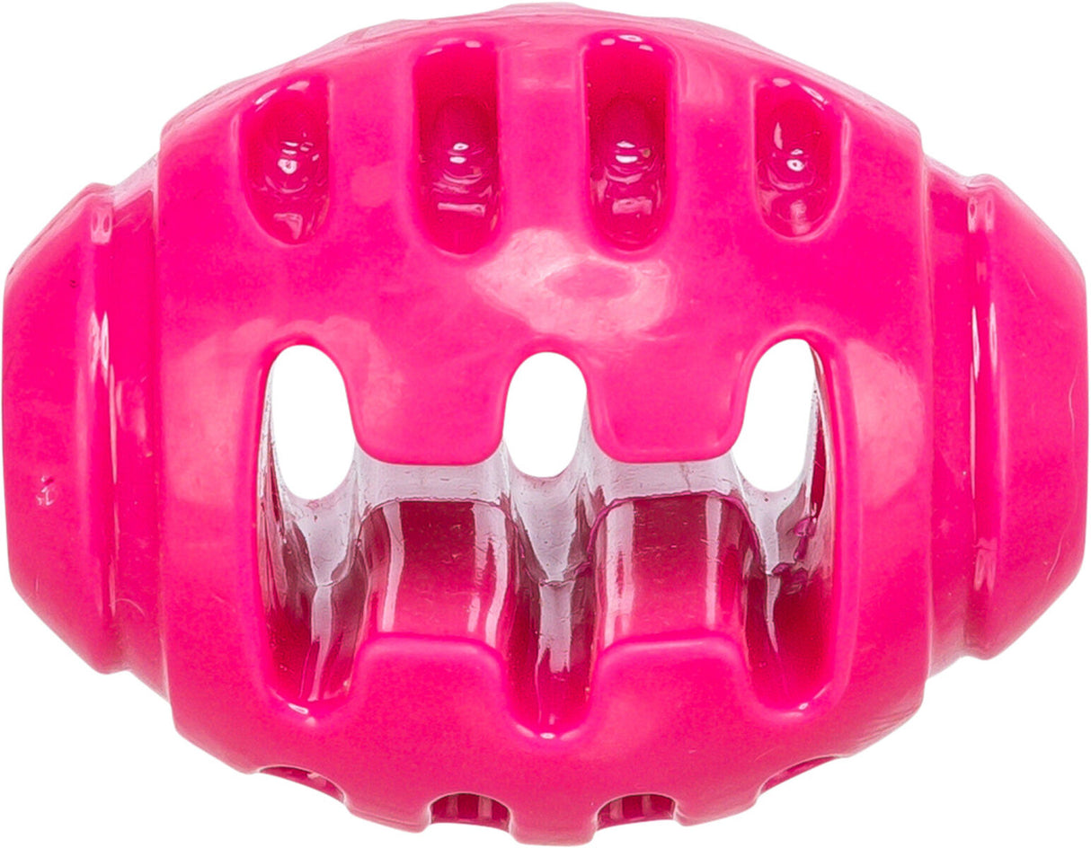 Pinkes, ovales, strukturiertes Spielzeug mit sichtbaren Öffnungen und einer glänzenden Oberfläche.