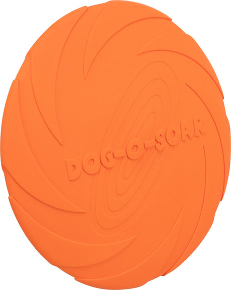 Orange Frisbee mit spiralförmigem Muster und dem eingeprägten Text "DOG-O-SOAR" auf der Oberfläche.