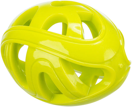 Gelber, hohler Kunststoffball mit geschwungenen Öffnungen und glänzender Oberfläche.