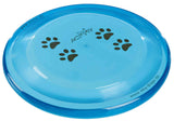 Blauer Frisbee mit schwarzen Pfotenabdrücken und dem Text "Dog Activity" auf der Oberseite.
