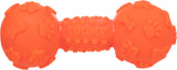 Orange Hundespielzeug in Hantelform mit Pfoten- und Knochenmuster, Markierung "100KG".