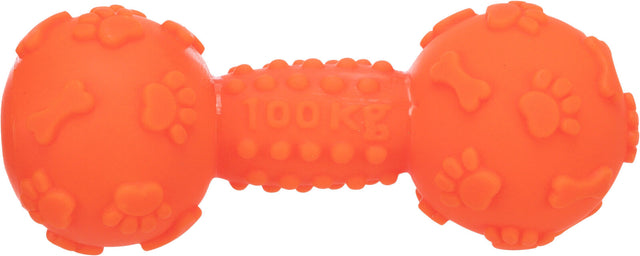 Orange Hundespielzeug in Hantelform mit Pfoten- und Knochenmuster, Markierung "100KG".