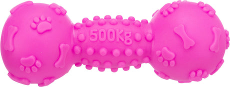 Rosa Hundespielzeug in Knochenform mit Pfoten- und Knochenmuster, und der Aufschrift "500Kg".