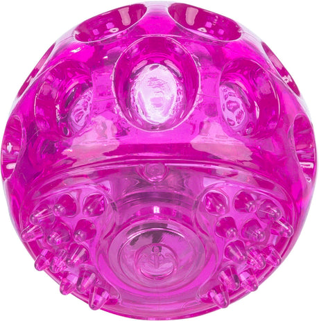 Runder, transparenter, pinkfarbener Ball mit strukturierten Oberflächen und Erhebungen.