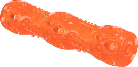Orange Spielzeug aus Kunststoff mit Noppen und runden Vertiefungen auf der Oberfläche.