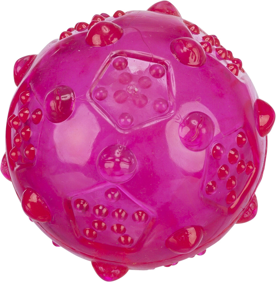 Rosa, stacheliger Ball mit erhobenen Punkten und geometrischen Mustern.