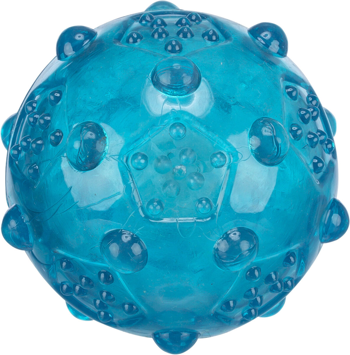 Blauer, runder Ball mit erhobenen Punkten und unregelmäßigen Mustern auf der Oberfläche.