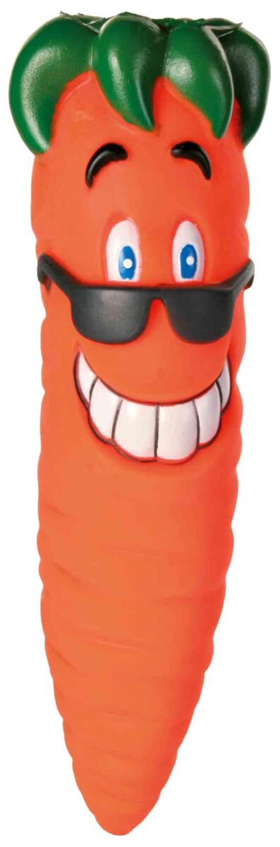 Orange Karotte mit Gesicht und Sonnenbrille, grüner Blätterschopf, freundlicher Ausdruck, weiße Zähne.