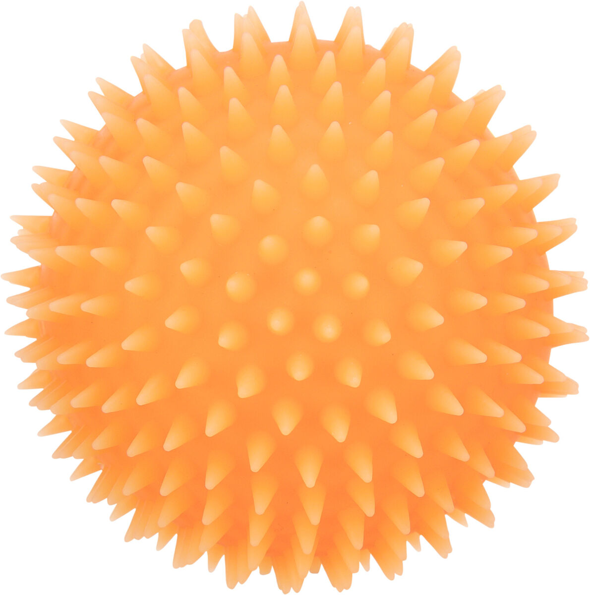 Ein orangefarbener Ball mit stacheliger Oberfläche, gleichmäßig mit spitzen Noppen bedeckt.