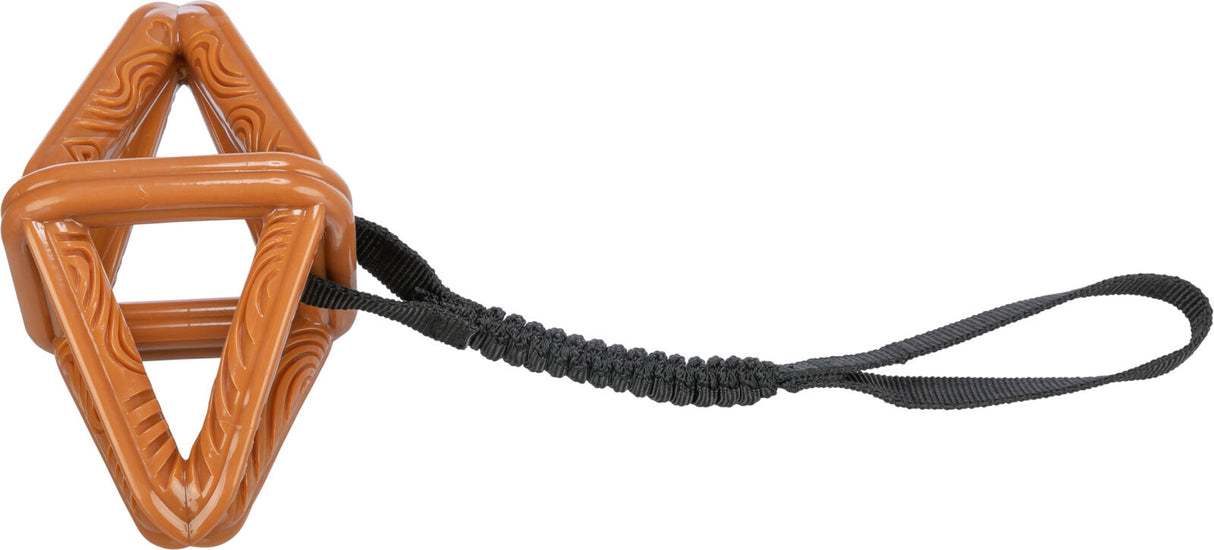Dreieckiges, braunes Spielzeug mit strukturierter Oberfläche und schwarzer Schlaufe.