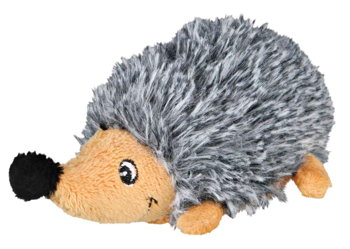 Plüschigel mit braunem Gesicht und Beine, grauen Stacheln und schwarzer Nase, in liegender Position.