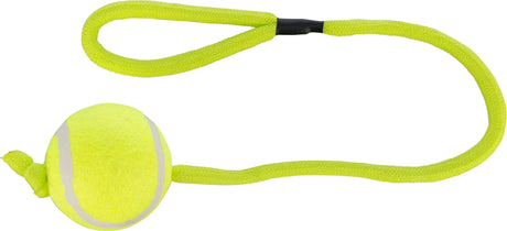Leuchtend gelber Ball mit Seil in gleicher Farbe, geeignet als Hundespielzeug, Seil hat Griffschlaufe.