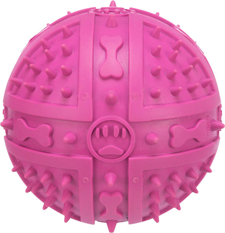 Runder rosa Ball mit mehreren Noppen und eingeprägten Knochenmustern auf der Oberfläche.
