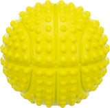 Gelber Ball mit erhabenen Noppen auf der Oberfläche, geformt wie ein Spielzeug, klare Struktur.