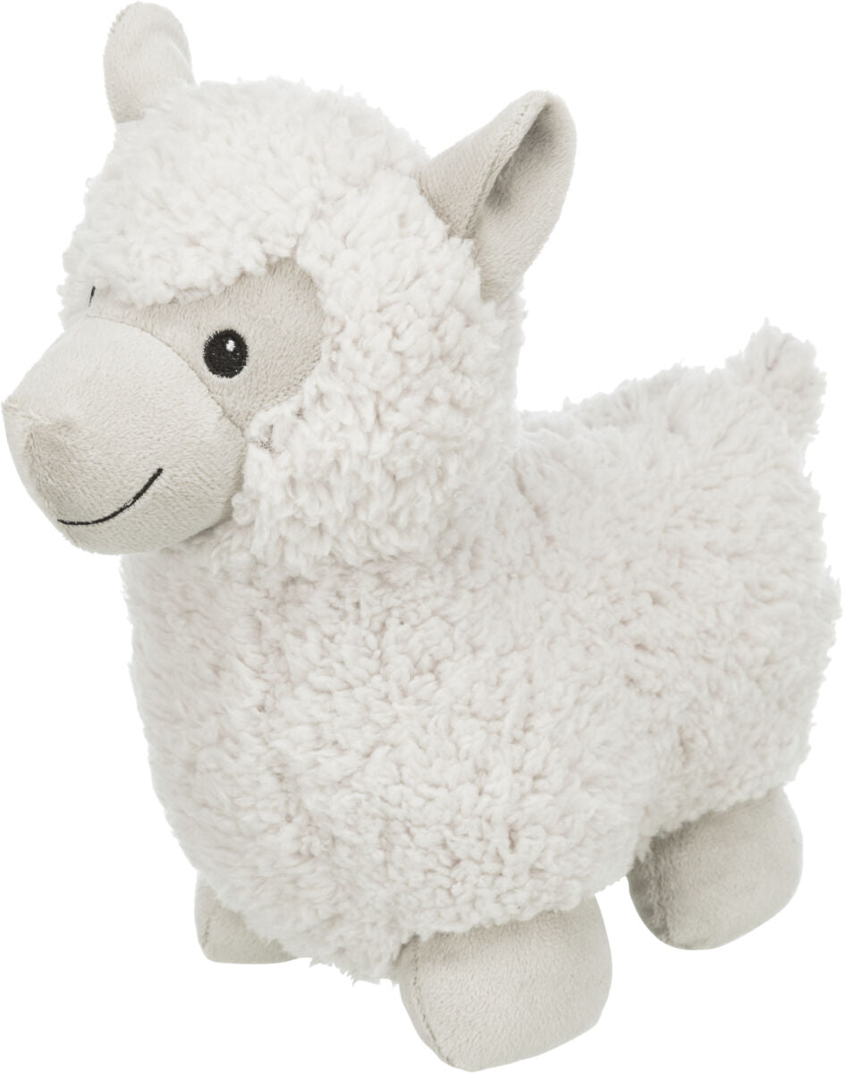 Weiches, hellgraues Plüsch-Lama mit flauschiger Textur und aufgesticktem Gesichtslächeln.