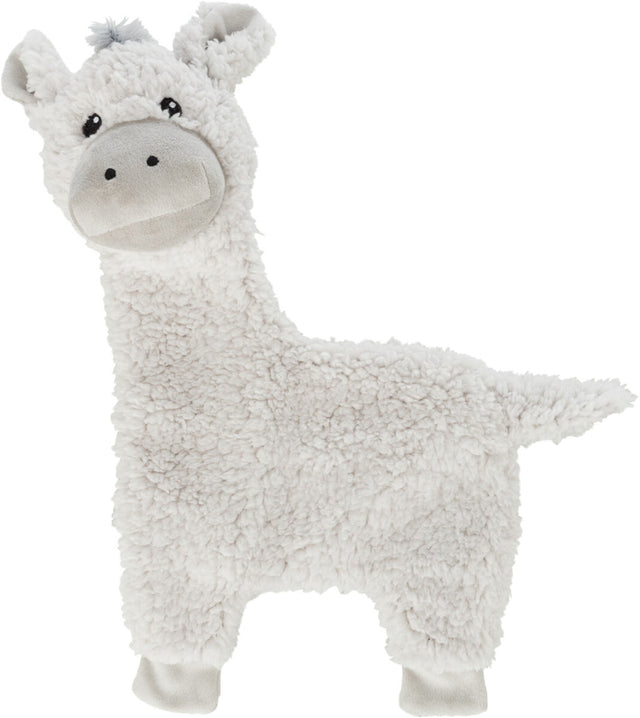 Weißes, plüschiges Stofftier in Form eines Lamas mit grauen Ohren und sichtbaren Augen.