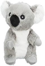 Graues Plüschkoala-Spielzeug mit schwarzer Nase und weißen Ohren auf einem weißen Hintergrund.