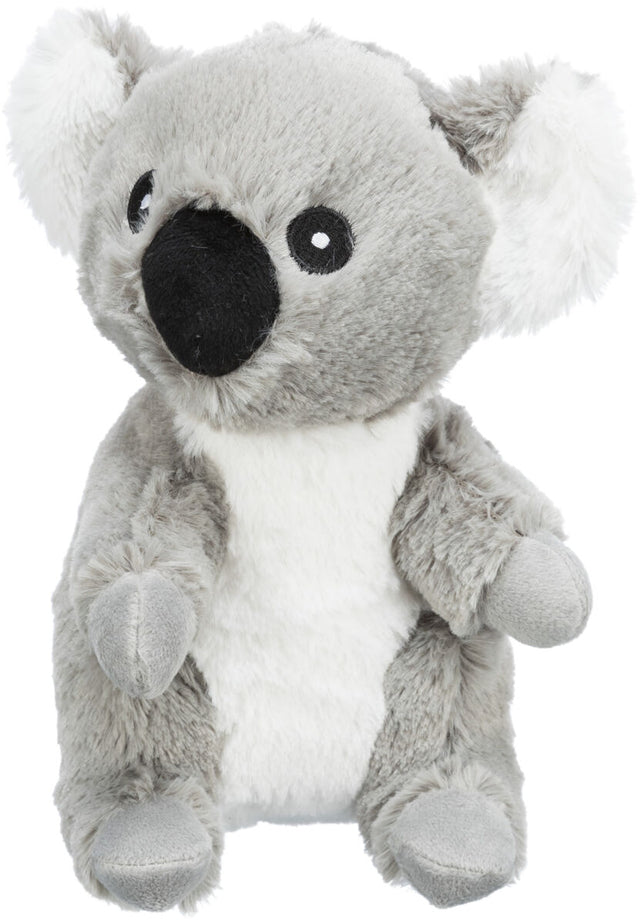 Graues Plüschkoala-Spielzeug mit schwarzer Nase und weißen Ohren auf einem weißen Hintergrund.