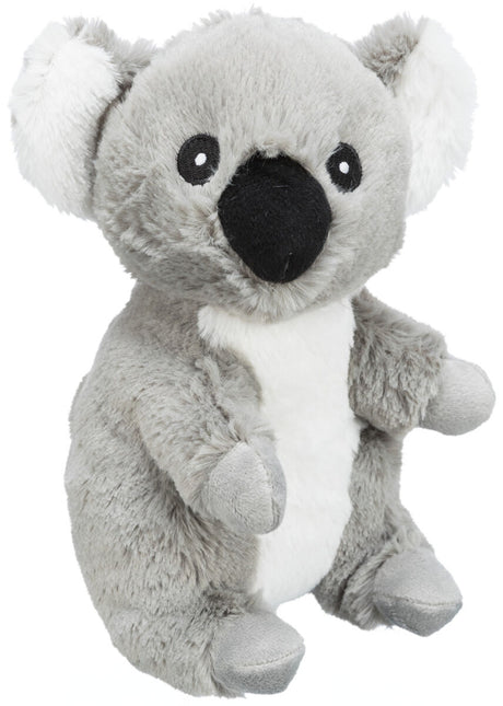 Graues Kuscheltier in Form eines Koalas mit weißem Bauch, schwarzen Augen und großem schwarzen Nasenbereich.