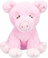 Ein rosa Plüschschwein mit gestickten Augen, rundem Gesicht und kleinen Ohren sitzt aufrecht auf weißem Hintergrund.