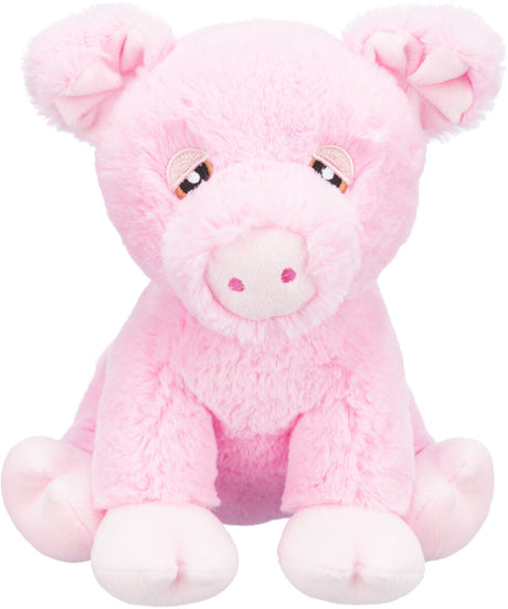 Ein rosa Plüschschwein mit gestickten Augen, rundem Gesicht und kleinen Ohren sitzt aufrecht auf weißem Hintergrund.