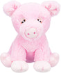 Ein rosa Plüschschwein mit gestickten Augen, rundem Gesicht und kleinen Ohren sitzt aufrecht auf weißem Hintergrund.