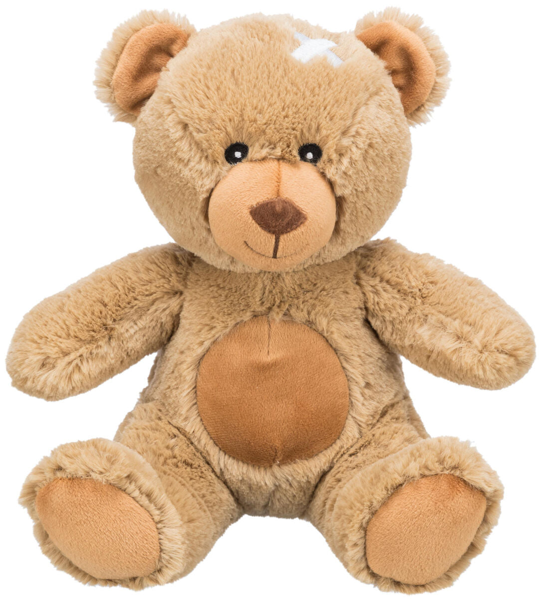 Plüsch-Teddybär in brauner Farbe mit einem aufgenähten weißen Kreuz auf der Stirn und hellbraunem Bauch.
