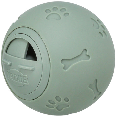 Grüner Ball mit Pfoten- und Knochenmustern, seitlicher Öffnung und Aufdruck "Trixie".