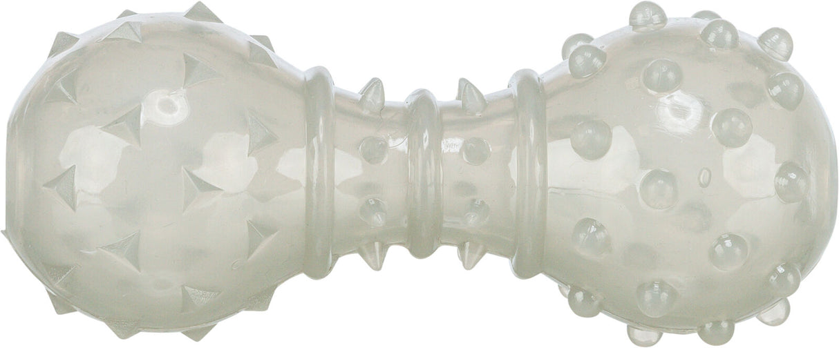 Transparenter Kauspielzeugknochen mit erhabenen Noppen und Pyramidenformen auf der Oberfläche.