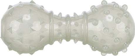 Transparenter Kauspielzeugknochen mit erhabenen Noppen und Pyramidenformen auf der Oberfläche.