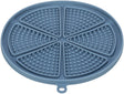 Runde blaue Unterlage mit segmentierten Flächen und Noppen, geeignet für gleichmäßige Verteilung von Inhalten.