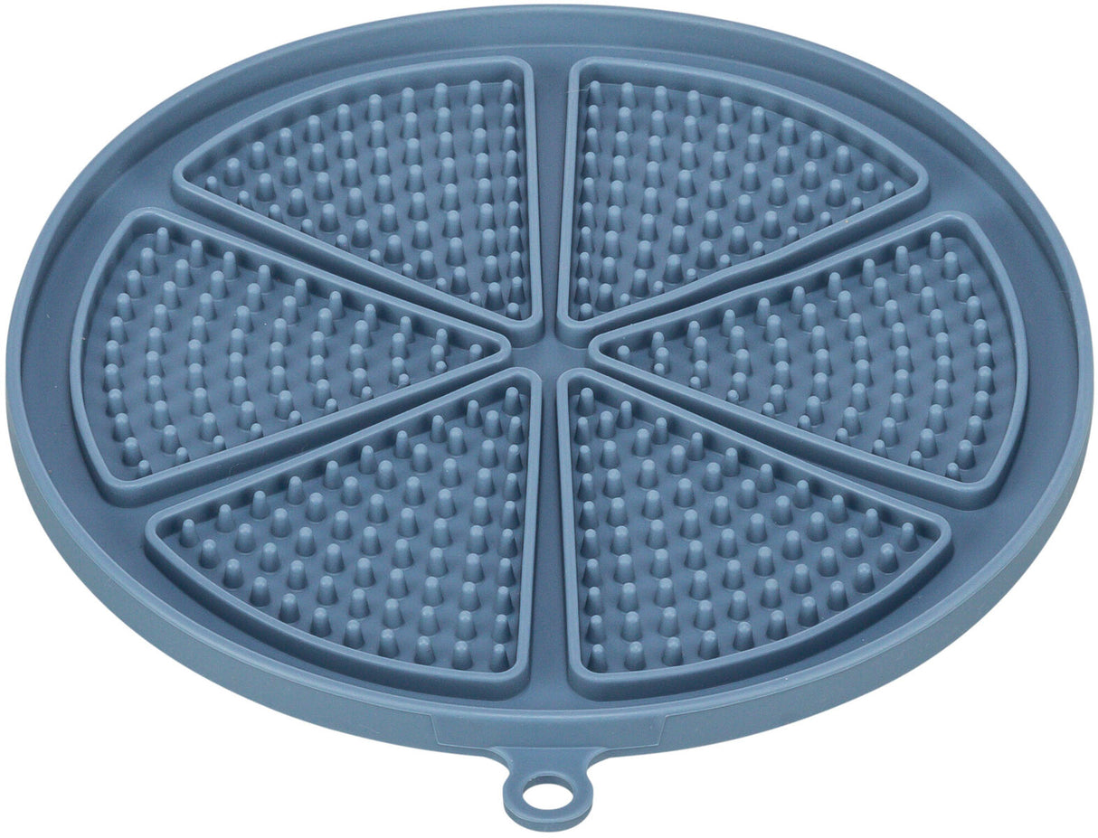 Runde blaue Unterlage mit segmentierten Flächen und Noppen, geeignet für gleichmäßige Verteilung von Inhalten.