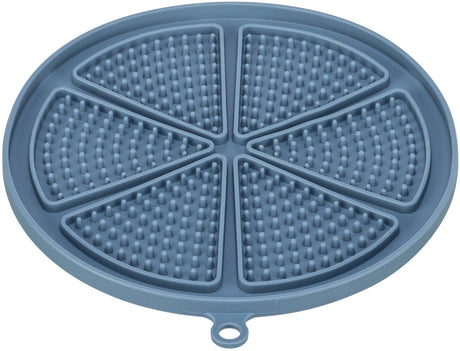 Runde blaue Unterlage mit segmentierten Flächen und Noppen, geeignet für gleichmäßige Verteilung von Inhalten.