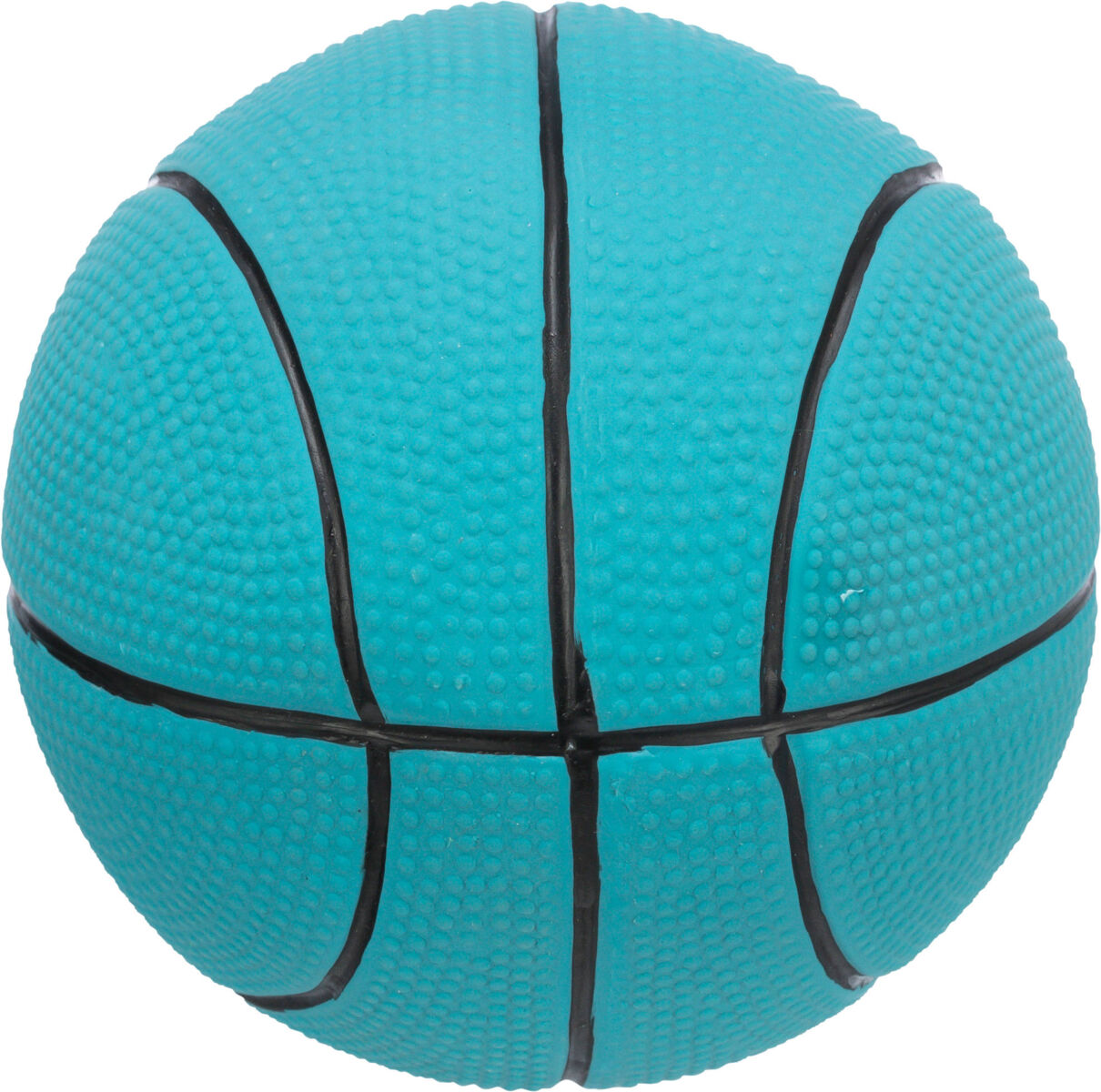 Ein türkiser Basketball mit schwarzem Linienmuster auf einer strukturierten Oberfläche.