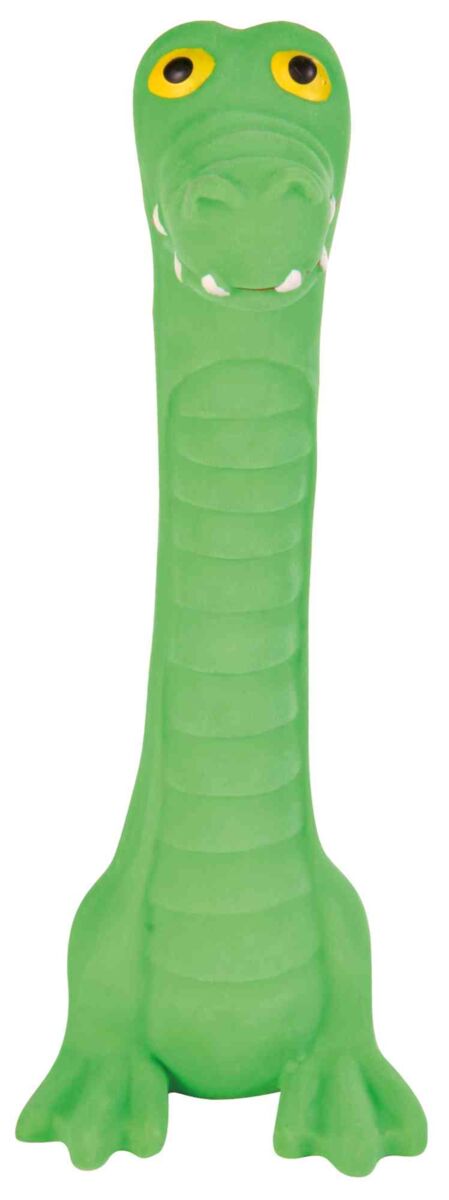 Grünes Spielzeug in Form eines Krokodils mit gelben Augen und einem langen Hals.