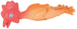 Gummihuhn in orange und rot mit blauen Augen, liegt flach auf der Seite.