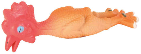 Gummihuhn in orange und rot mit blauen Augen, liegt flach auf der Seite.