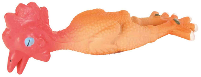 Gummihuhn in orange und rot mit blauen Augen, liegt flach auf der Seite.