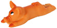 Orange Kunststoffspielzeug in Form eines liegenden Schweins mit großen, schwarzen Augen.