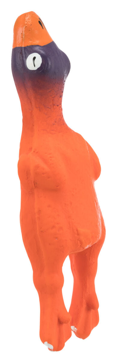 Orangefarbenes Spielzeug in Tierform mit lila Kopf und großen weißen Augen, aufrecht stehend.