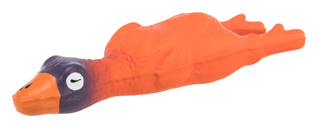 Orangefarbener Hundespielzeug aus Gummi in Tierform mit lila Kopf und weißen Augen.