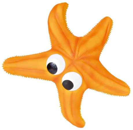 Orangefarbener, cartoonartiger Seestern mit großen, runden Augen auf weißem Hintergrund.