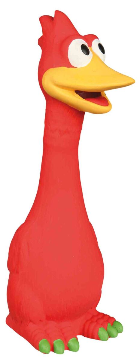 Rote Gummifigur in Form eines Vogels mit gelbem Schnabel und grünen Füßen, großer Augen und Details auf dem Körper.
