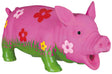 Pinkes Schwein mit Blumenmuster in Rot, Weiß, Gelb, stehend auf grünem Gras, aus Plastik oder einem ähnlichen Material.