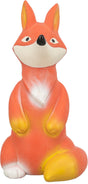 Abbildung einer bunten Keramikfigur, die einem sitzenden Fuchs ähnelt, mit orangen und weißen Bereichen.