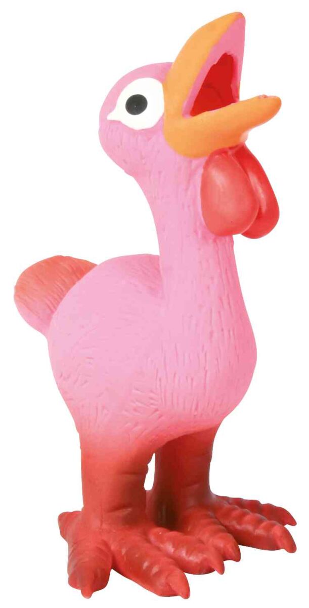 Ein pinkes Spielzeug in Form eines Vogels mit orangefarbenem Schnabel und roten Füßen steht aufrecht.