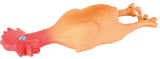 Oranges Gummihuhn-Spielzeug mit rotem Kopf und blauen Augen, genoppte Textur, ausgestreckt liegend.