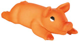 Orangefarbenes Spielzeug in Form eines Schweins mit liegender Position und schwarz-weißen Augen.