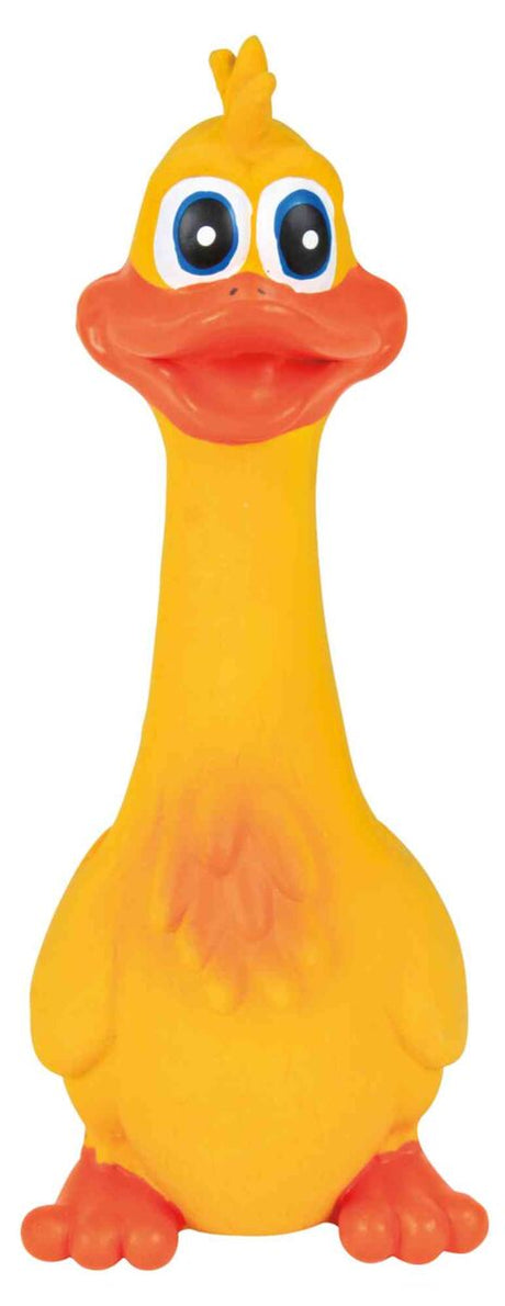 Gelbes Enten-Spielzeug mit großen blauen Augen, orangefarbener Schnabel und Füße, sowie einem kleinen Kamm.
