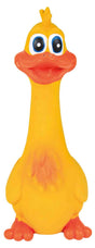 Gelbes Enten-Spielzeug mit großen blauen Augen, orangefarbener Schnabel und Füße, sowie einem kleinen Kamm.